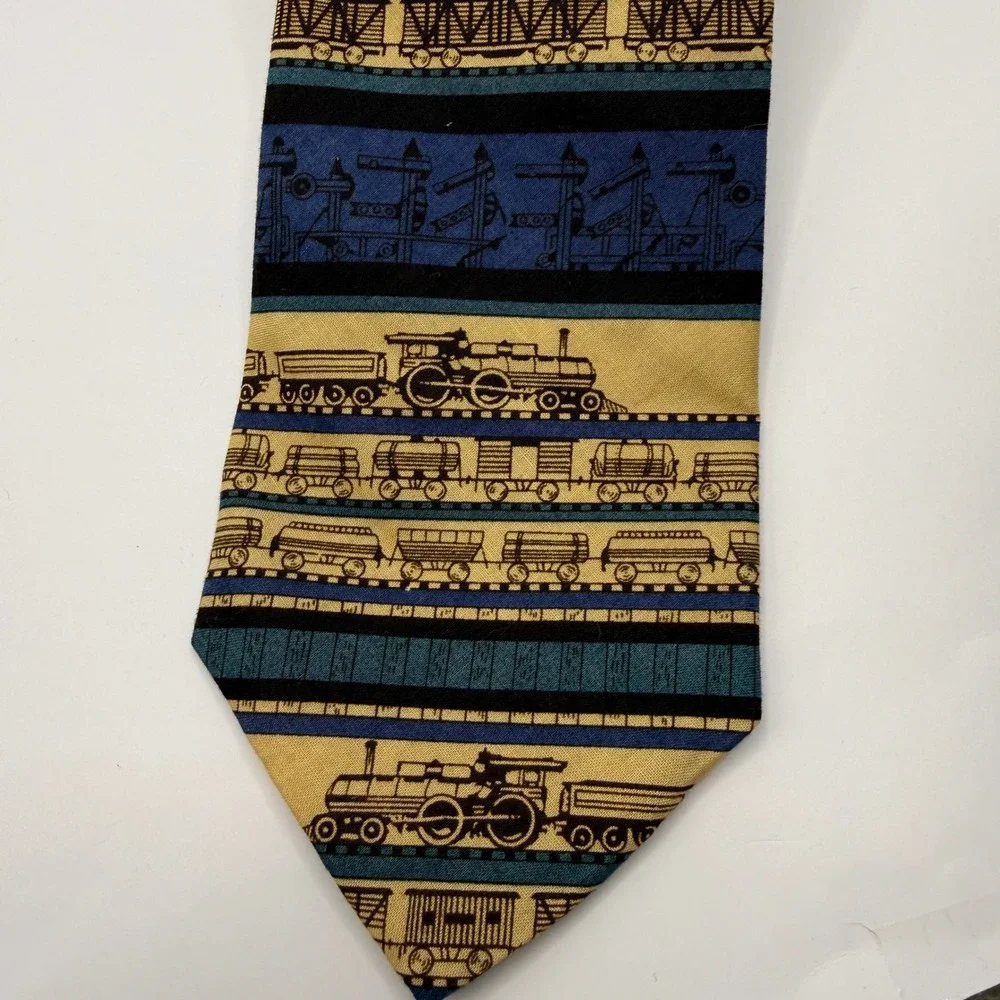 Rooster Train Locomotive Cotton Necktie Tan Blue Made in USA Novelty Tie